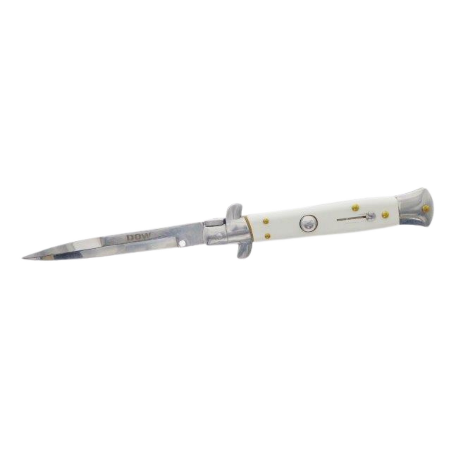 6in white handle. shiny silver blade auto